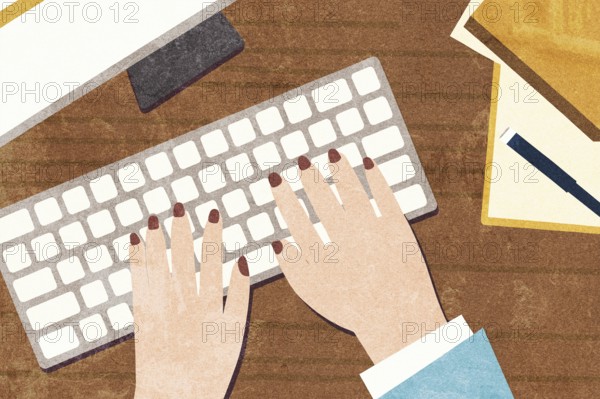 A creative illustration of hands with painted nails typing on a white keyboard, set on a wooden