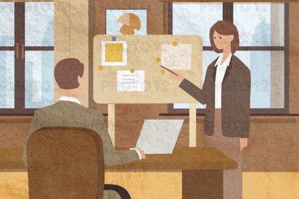 Two professionals engage in a discussion within a modern office One outlines ideas on a