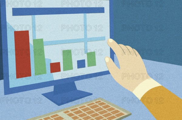 A hand interacts with a computer screen displaying colorful bar graphs and line charts,