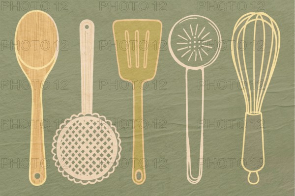 Different kitchen utensils are displayed including a wooden spoon, spatula, strainer, and whisk.