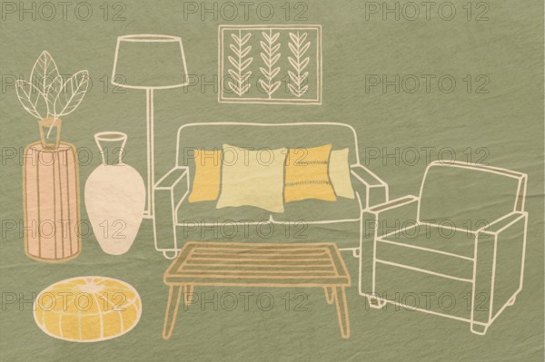 This artwork features a cozy living room with a sofa, plant, and accessories, all designed in a