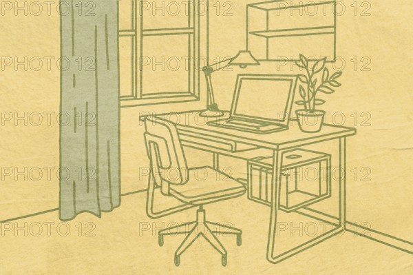 A cozy workspace is illustrated with a desk, chair, and laptop near a window. A plant and lamp