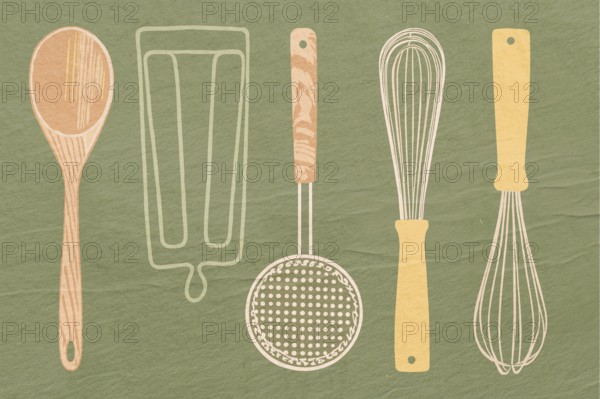 A colorful illustration featuring a variety of kitchen utensils including a wooden spoon, rolling