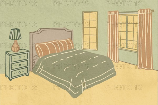 A cozy bedroom featuring a comfortable bed, a bedside lamp, and large windows. The warm color