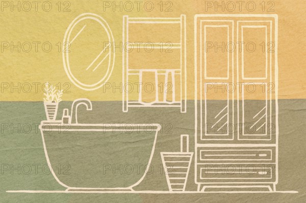 Artistic outline of a modern bathroom setting including a bathtub, sink, mirror, and furniture,