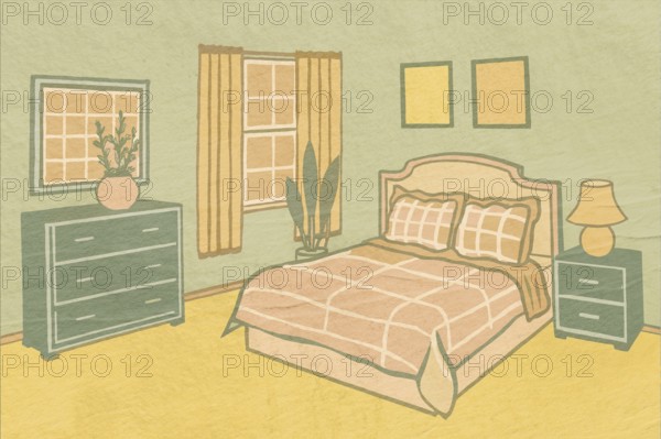 An inviting bedroom showcasing colorful vintage-style decors such as a classic bed, green dresser,