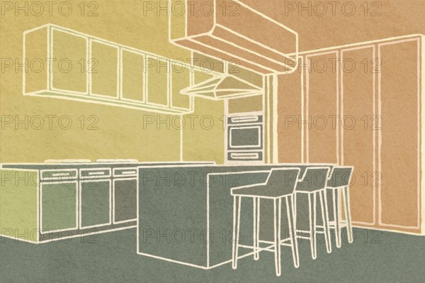 This illustration features a sleek kitchen layout with an island, stools, cabinets, and cooking