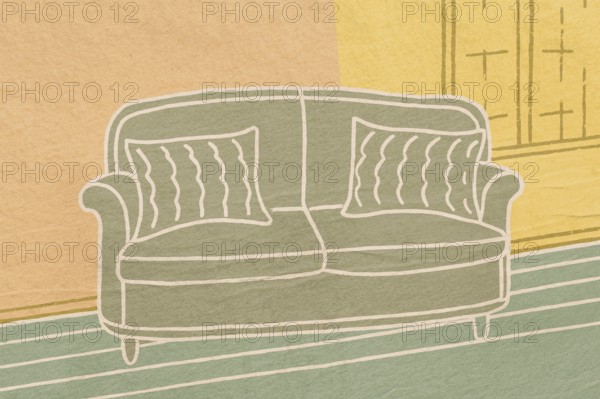 This illustration presents a cozy home environment, showcasing a chic sofa with decorative