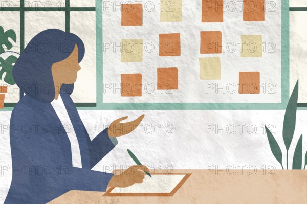 A businesswoman is seated at a table, writing notes while gesturing towards a wall covered with