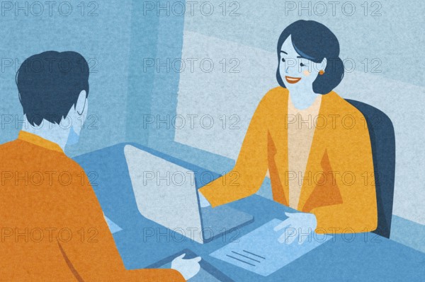 Two professionals engage in a discussion in a contemporary office, with one person using a laptop
