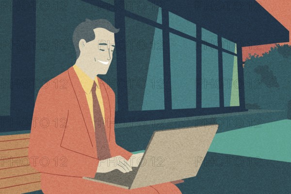 A business professional in a bright suit works on a laptop outside a contemporary building The
