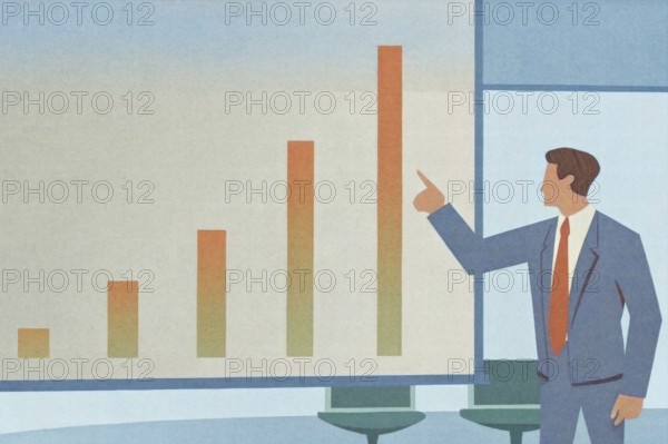 A professional addresses an audience in a sleek office, presenting a bar chart that shows