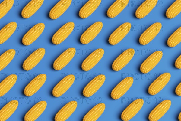 A pattern showcasing plastic corn against a blue background, highlighting the artificiality in