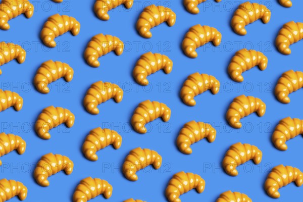 A vibrant pattern of plastic croissants against a blue background, symbolizing the clash between