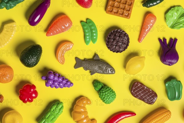 A colorful mix of plastic food items on a yellow background The image represents the critique of