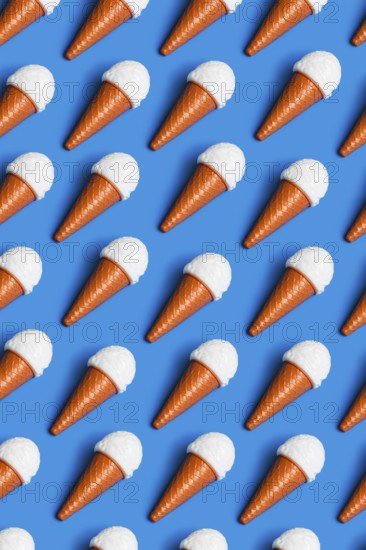 Vibrant pattern of plastic ice cream cones on a blue background, symbolizing critiques of junk food