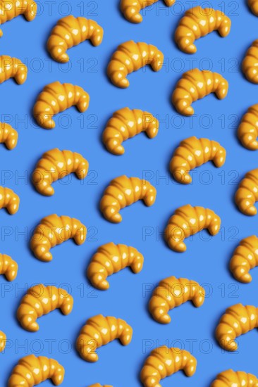 Brightly colored plastic croissants on a vibrant blue background, symbolizing the critique of