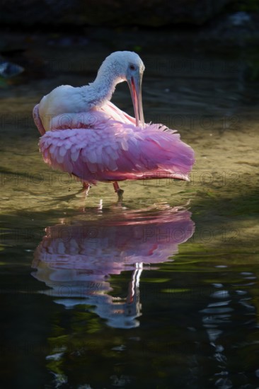 Pink bird preens elegantly in calm water, soft reflection, Roseate Spoonbill (Ajaja ajaja), spring,
