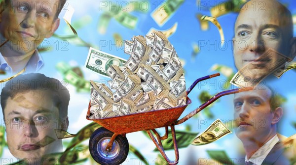 Symbolic image, richest tech bros rule the world, Elon Musk, Peter Thiel, Jeff Bezos, Mark