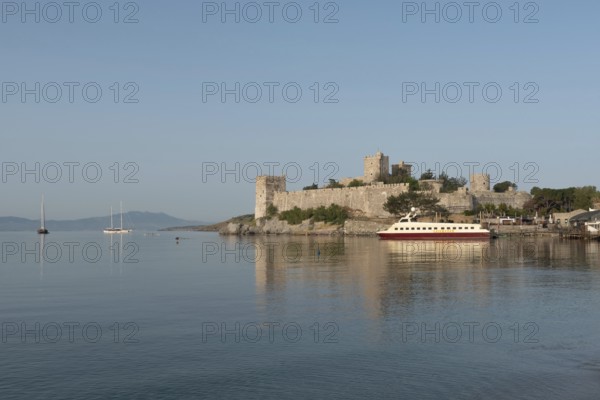 Bodrum, Mugla, Turkey. April 22nd 2022 Beautiful seascape view of Bodrum Castle with Yachts in the