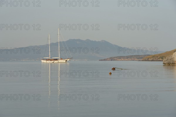 Bodrum, Turkey. April 22nd 2022 Stunning calm seascape with a luxury yacht moored at the Gulf of