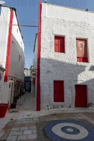 Bodrum, Mugla, Turkey. April 22nd 2022 Beautiful red painted building in the side streets of Bodrum
