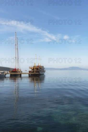 Bodrum, Mugla, Turkey. April 21st 2022 Gorgeous cool morning sunlight on yachts moored in Bodrum