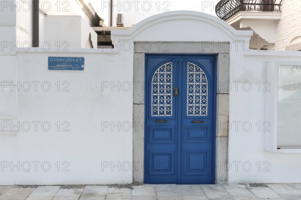 Bodrum, Mugla, Turkey. April 22nd 2022 Beautiful traditional blue door in the Aegean seaside town