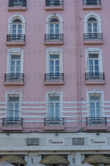 Alexandria, Egypt. December 4th 2022 The pink facade of Le Metropole Hotel and famous once Greek