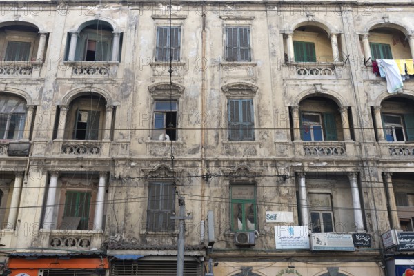 Alexandria, Egypt. December 4th 2022 Faded colonial era architecture near the Mediterranean Sea