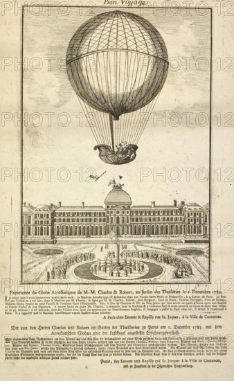 Copper engraving depicting the famous rise of the hydrogen balloon developed by Jacques Charles and