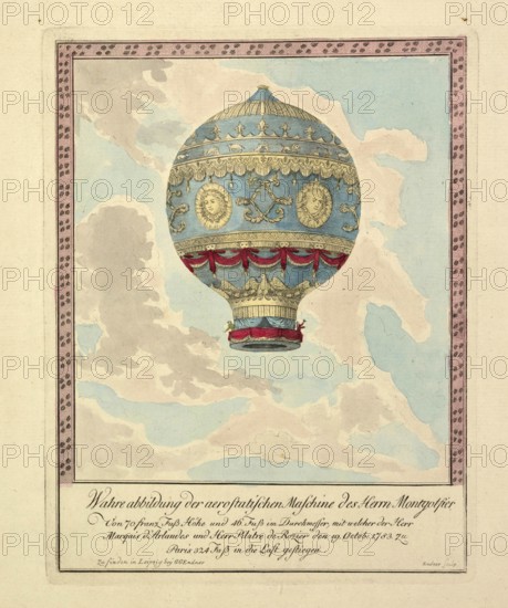 The picture shows a historic moment in aviation: the first manned free flight in a hot air balloon.