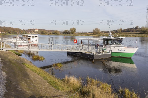 Klarisse electric ferry on the Elbe at Niederlommatzsch ferry terminal, Neuhirschstein Castle in