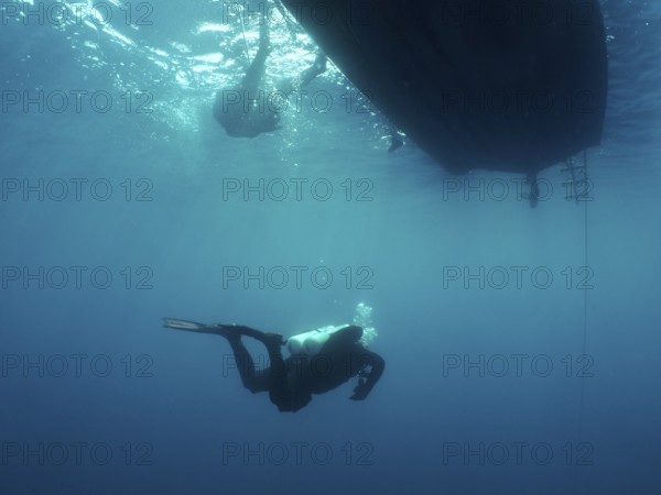 An underwater diver on his way back to the boat. Giuseppe Dezza wreck dive site, Pula, Croatia,