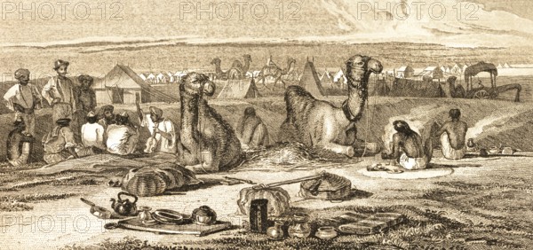 Shikohabad camp, Uttar Pradesh, India, camels, tents, camp, people, luggage, tea kettle, food,