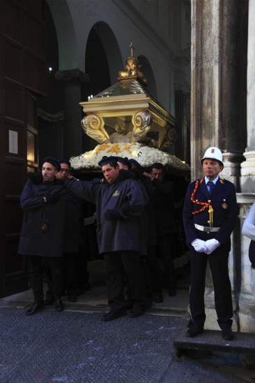 Sicily, old town of Trapani, Good Friday mystery procession La Processione dei Misteri, men,