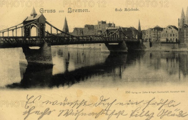 Historical postcard around 1900, Bremen, Weserbrücke, Germany, reproduction of a postcard,