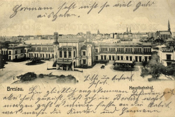Historical postcard around 1900, Wroclaw main station, today Wroclaw, Lower Silesia, Poland,