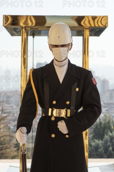 Ankara, Turkey. November 24th 2020 Turkish military guard wearing protective facemask due to the