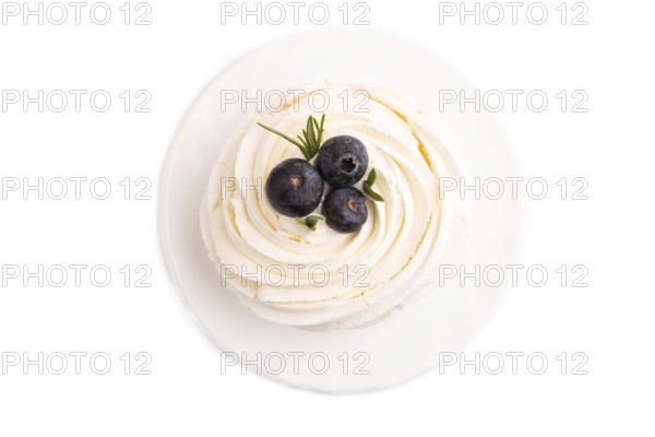 Pavlova Meringue dessert with crisp meringue and blueberry Isolated on white background, close up,