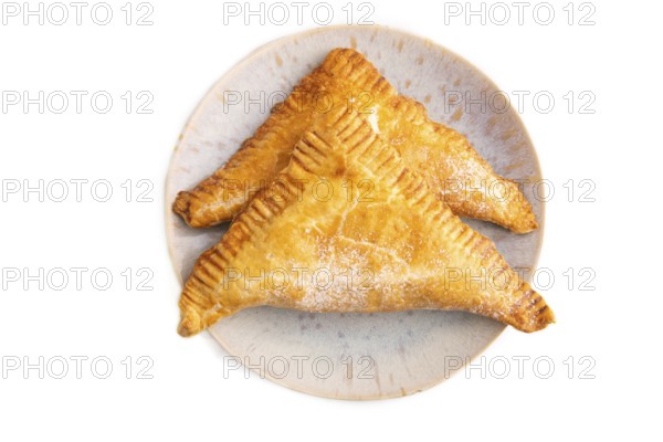 Triangles Pie, Puff Pastry, Samsa with cherry jam isolated on white background, top view, flat lay,