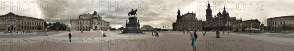 Panorama, spacious square with equestrian statue in Dresden with woman in green dress surrounded by