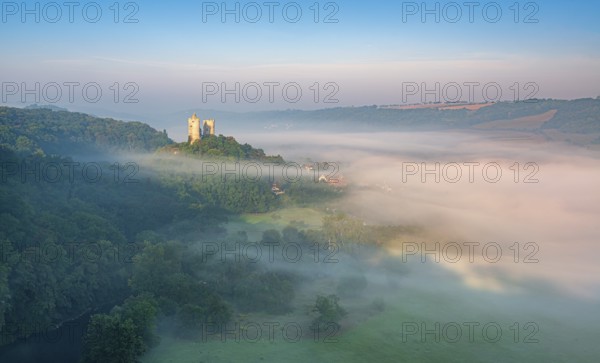 View of the Saaleck castle ruins in morning fog in the Saale Valley, Bad Kösen, Burgenlandkreis,