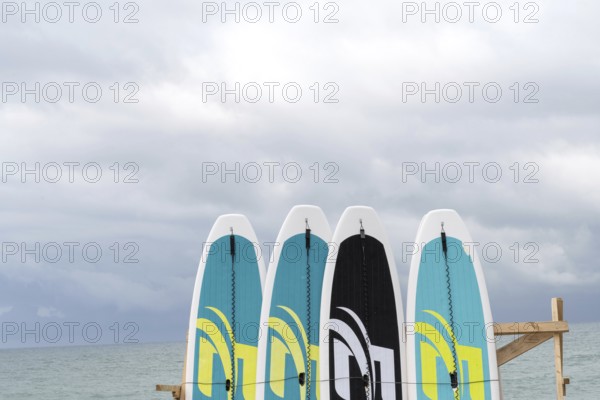 Batumi, Georgia. July 21st 2025. Surfboards waiting to be hired by tourists on the beach in Batumi
