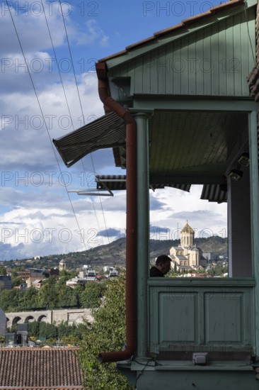 Tbilisi, Georgia. September 12th 2025 Traditional wooden balcony of a local Georgian house
