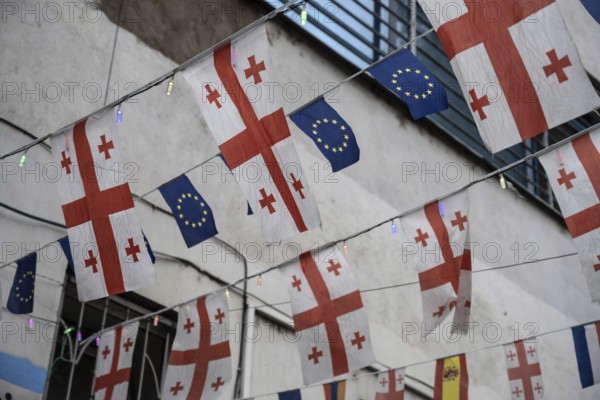 Tbilisi, Georgia. September 15th 2025. Flags of Georgia and the European Union fly side by side in