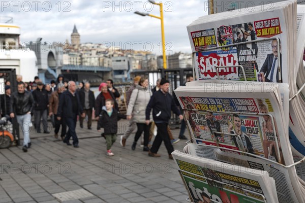Istanbul, Turkey. January 8th 2025. Turkish daily news and sports papers displayed on a stand as