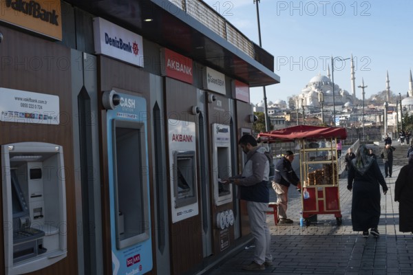 Istanbul, Turkey 10th January 2025 A row of Turkish bank ATM machines in the Eminonu district of