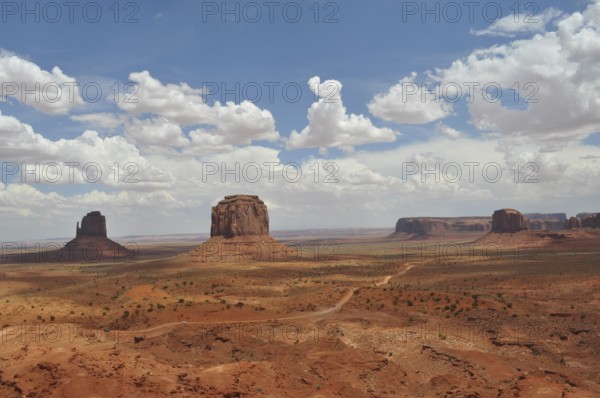 Wide landscape with distinctive rocks and dramatic sky in Monument Valley, Navajo Tribal Park,