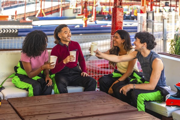 Group of diverse young adults wearing racing suits sitting on a couch, laughing and toasting each